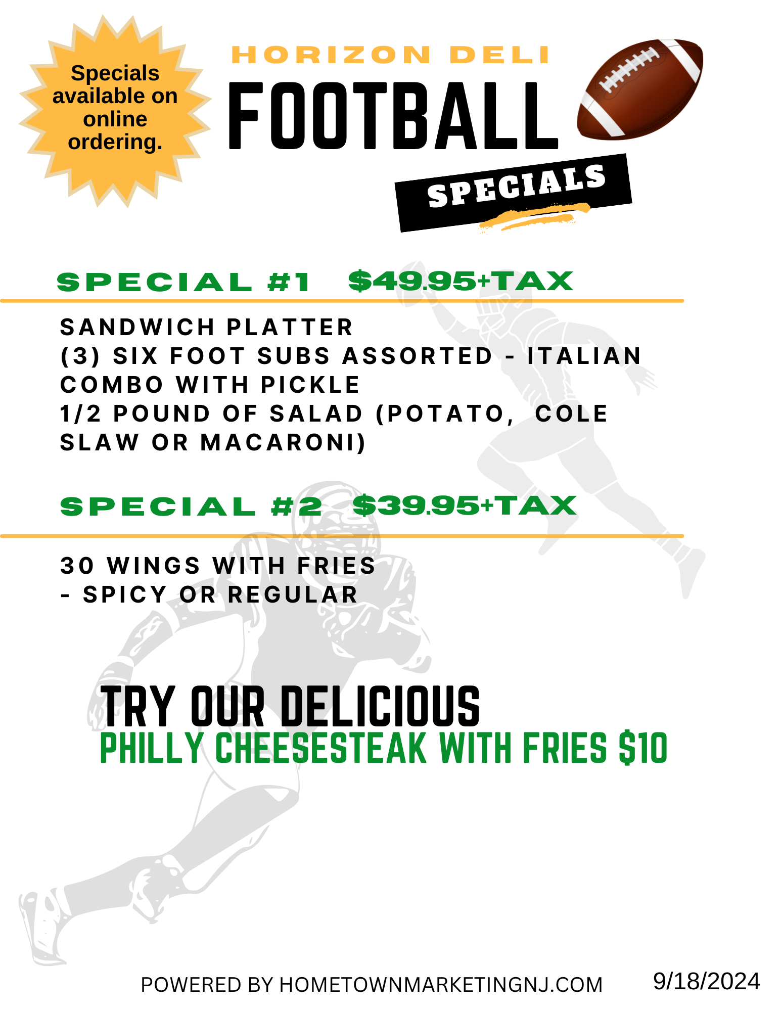 Horizon Deli Football Specials 9172024